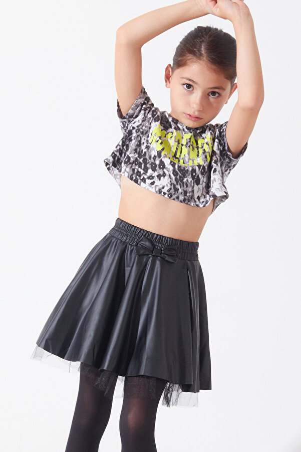 Cansın Mini Girl Black Tulle Leather Skirt 4-12 Years 13794- Trendyol