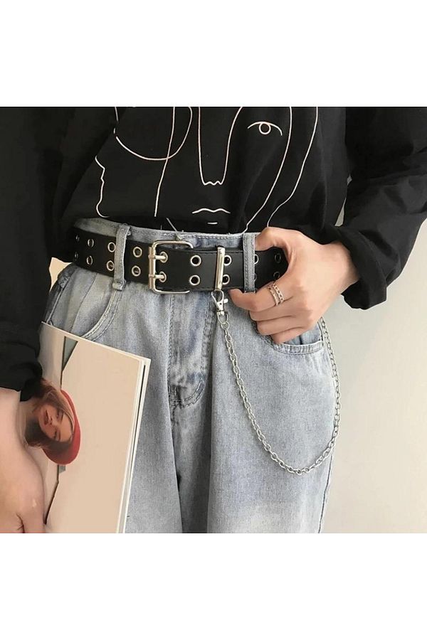Kostebek Black Eyelet Detailed Chain Leather Belt