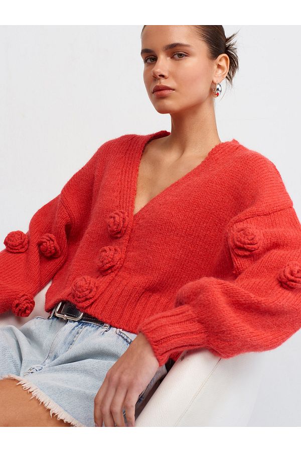 Dilvin 60216 Model V neck Rose Embroidered Balloon Sleeve Knitwear Cardigan Red Trendyol