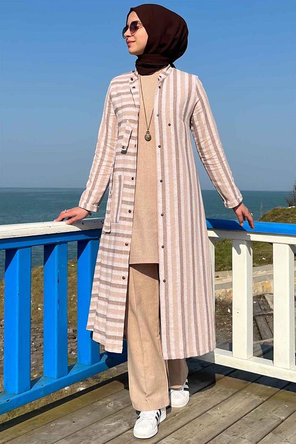 Rabia Şamlı-Brown Striped 3-Piece Set 1