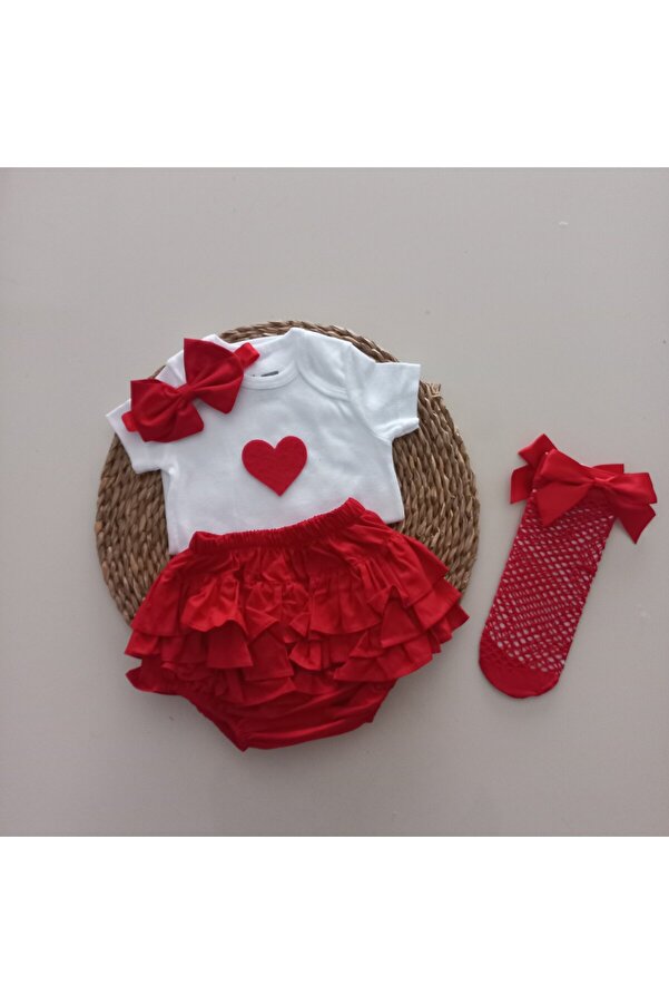 MARS BABY Kız Bebek Kırmızı Kalpli Fırfır Şort Etek Bodyli Kırmızı File Takımı