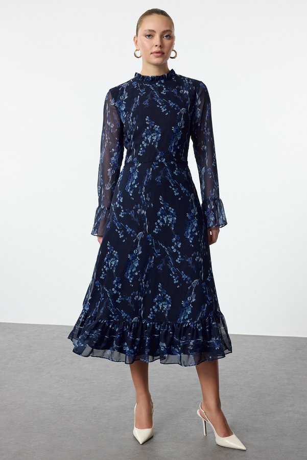 Trendyol Collection Blue Floral Print A-Line Mock Neck Midi Lined Chiffon Woven Winter Dress TWOAW25EL00173