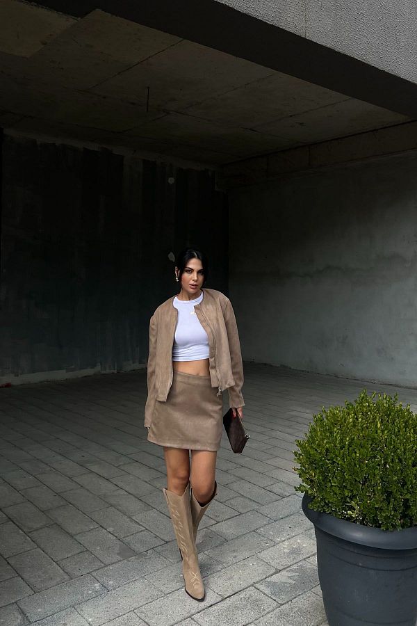 Seda Yalc n Atelier Camel Suede Jacket and Skirt Set Double Zipper Trendyol