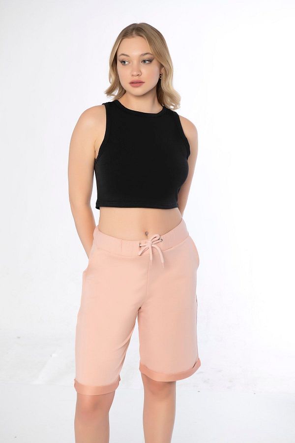 MyBen-Pantaloni scurti roz pentru femei cu tiv cu întoarcere normală, cu șireturi în talie Ky011 1