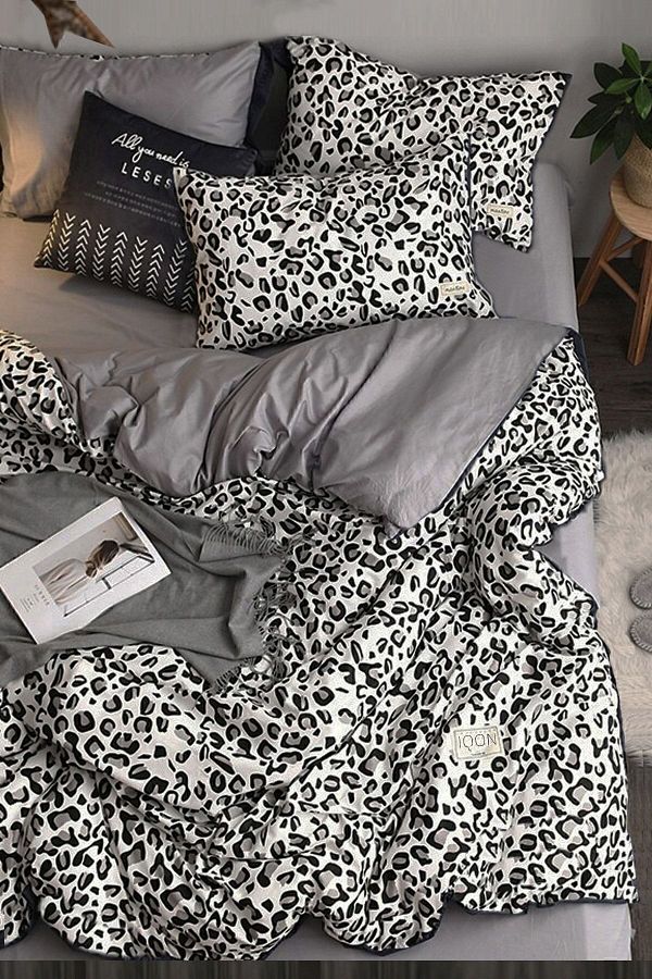 İQON-Spannbettlaken-Bettbezug-Set, Einzelbett, Leopardenmuster, rein, Schwarz/Weiß 1