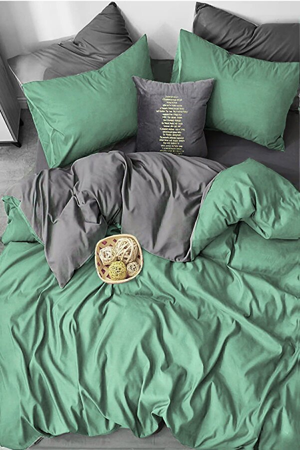 İQON Lastikli Çarşaflı Nevresim Takımı Çift Kişilik Yeşil - Gri