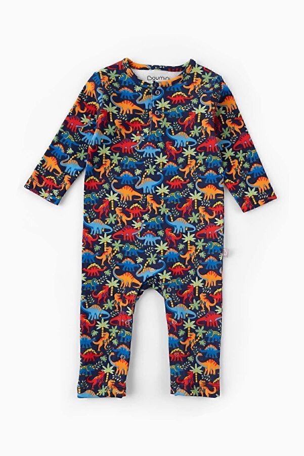 Boumini Bebek Uzun Kollu Çıtçıtlı Tulum Dinazor Desenli Renkli