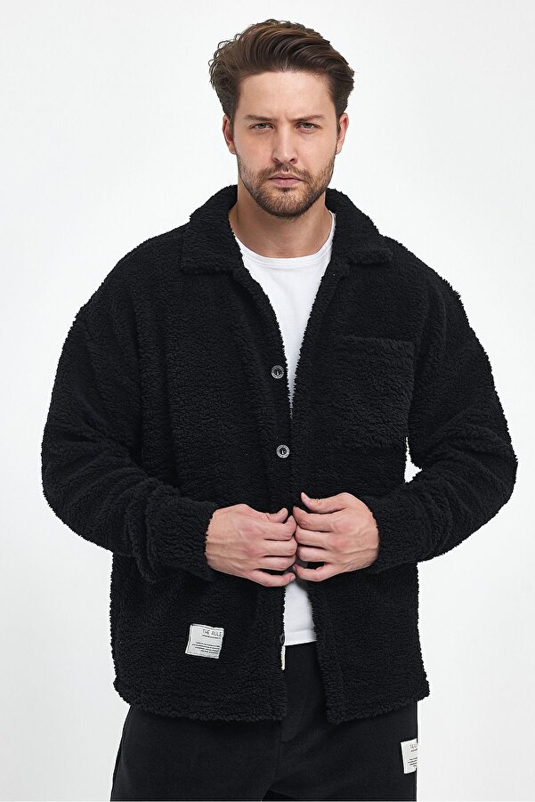 Erkek Siyah Peluş Oversize Fit Gömlek Yaka Kışlık Rahat Tek Cepli Ceket