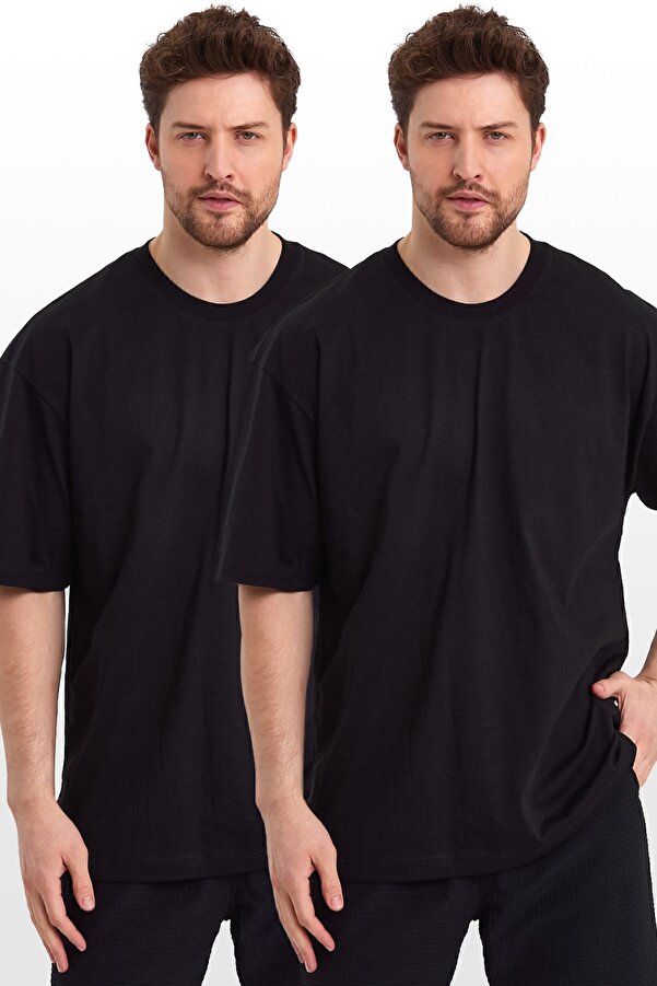 Erkek Siyah - Siyah Oversize Fit Bol Kesim Bisiklet Yaka %100 Pamuk Basic 2'li Tişört Paketi
