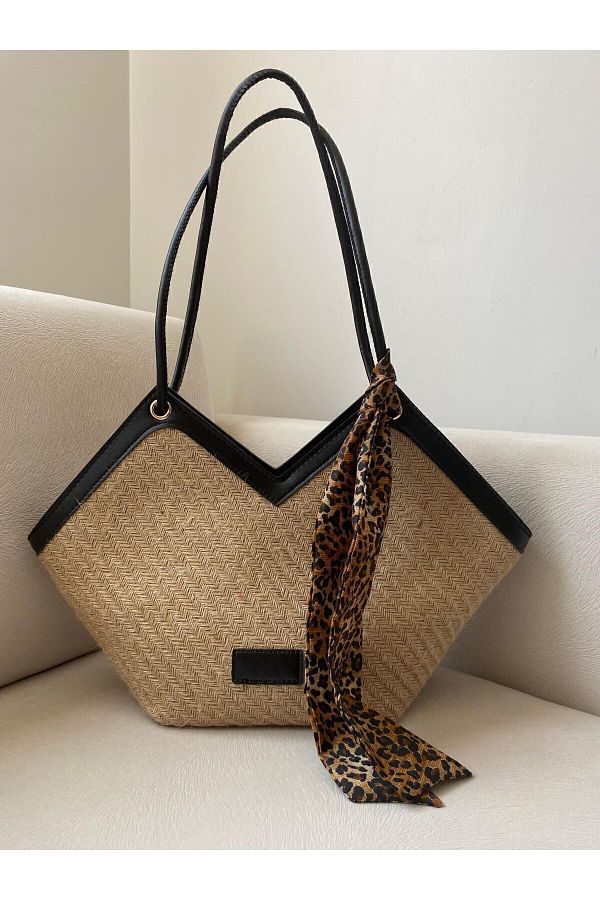 Mercan-Women's Linen Shoulder Strap Bag - Cream Color, Zipper and Scarf Detail 1