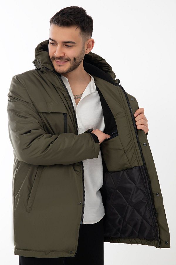 Riverstorm Men s Khaki Fleece Fur Water and Windproof Hooded Winter Coat Coat Parka Trendyol
