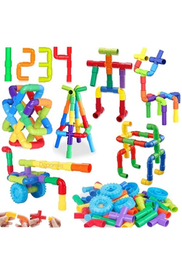 Depomiks Avm Tekerlekli Boru Yapı Oyuncak Yapı Blokları 72 Parça El-göz Koordinasyon Eğitici Oyuncak