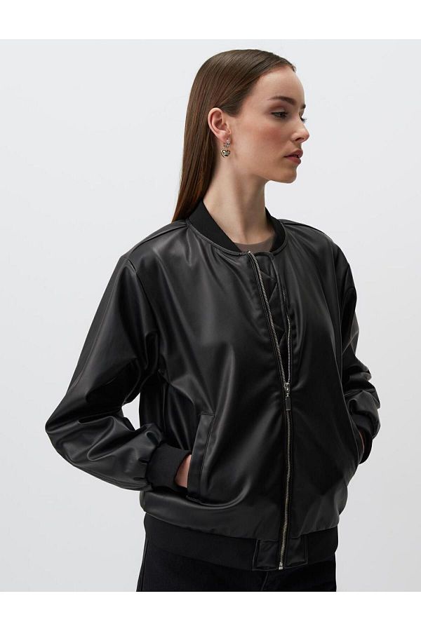 Jimmy Key Black Long Sleeve Leather Bomber Jacket Trendyol