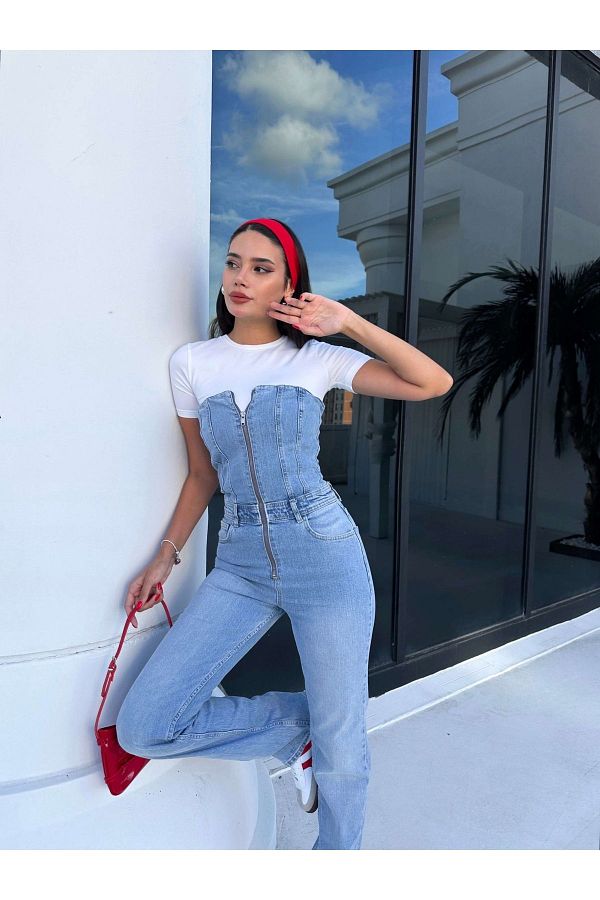 ESRAHELVACI Blue Strapless Denim Jumpsuit with Front Zip Trendyol