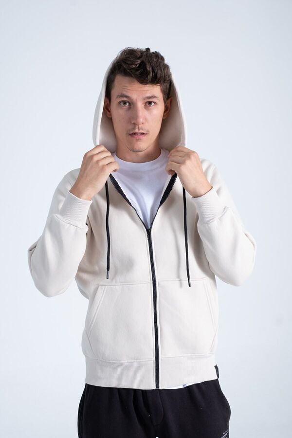 Erkek Bej Regular Fit Kapüşonlu Yaka Fermuarlı Içi Yumuşak Tüylü Cepli Rahat Sweatshirt