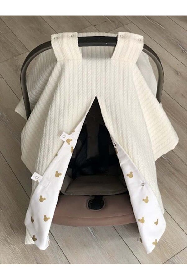 DERİN BOUTİQUES Krem Örgü Gold Mickey Desenli Çift Yönlü Kullanımlı Puset Örtüsü