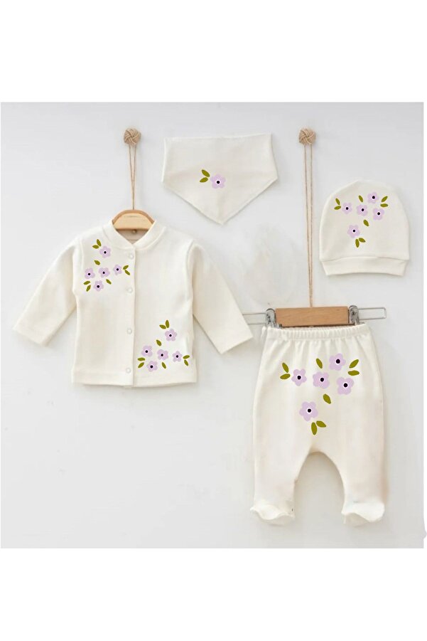 bebekpare Kız Bebek Hastane Çıkış Seti Menekşe Desenli Doğal Pamuk  0-3 Ay
