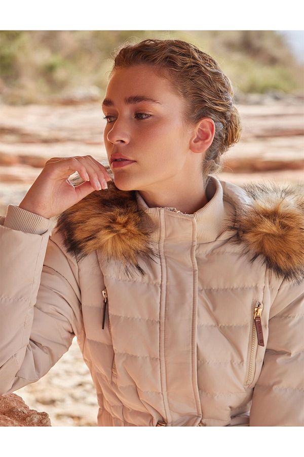Kayra Goose Feather Filled Long Coat Cream Trendyol