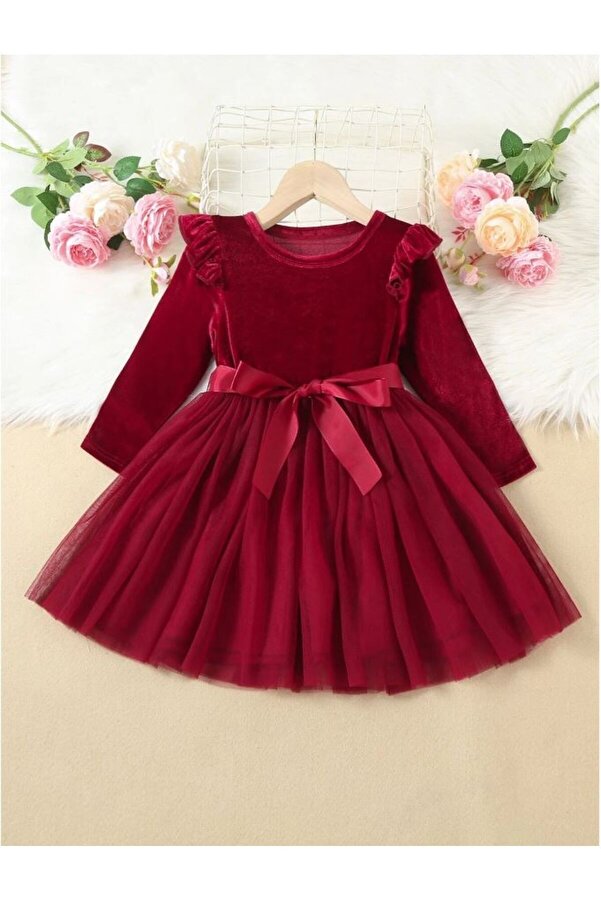 ASIA GİYİM Kız Çocuk Doğum Günü - Noel Yılbaşı Prenses Kabarık Tütü Kurdeleli Kadife Elbise