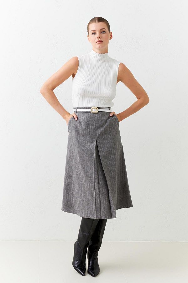 Setre Asymmetrical Detailed Gray Striped Midi Skirt with Pockets Trendyol