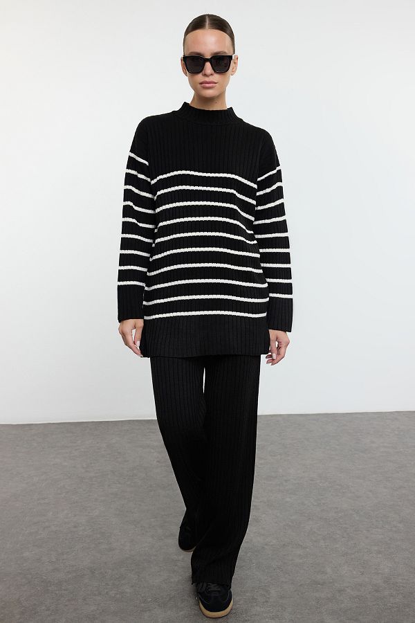 Trendyol Modest-Corded Knitwear Lower-upper Set - Black Stone Striped Tctaw25us00087 1