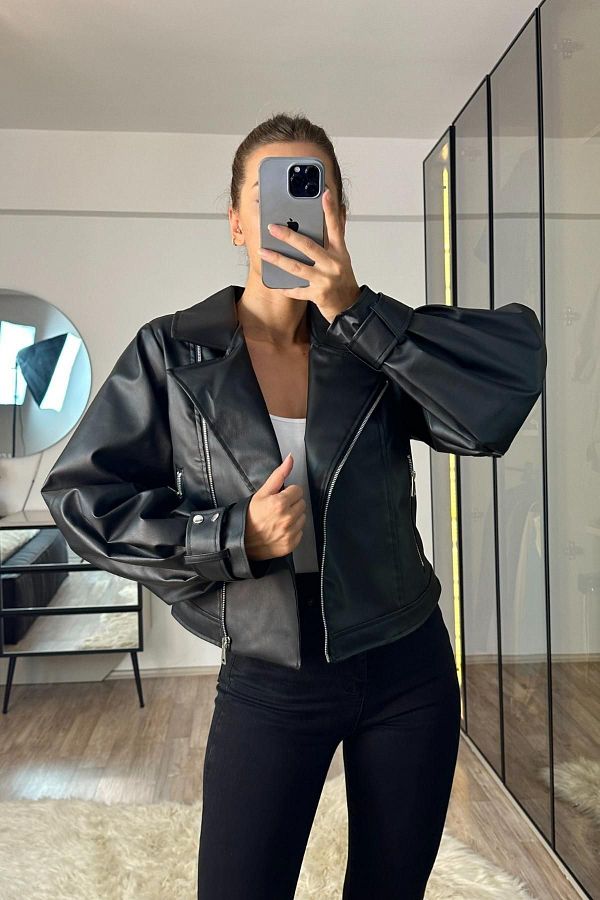 Balloon sleeve leather jacket shop