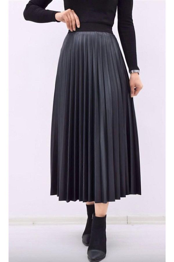 modazarif Women s Black Leather Look Pleated Skirt 4934 Trendyol