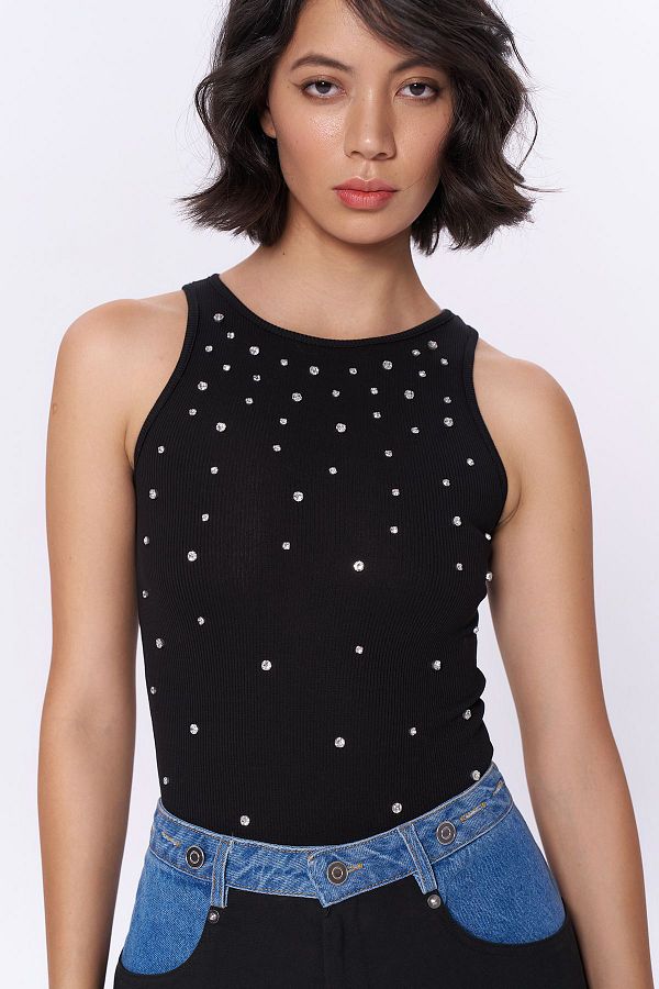 Quzu-: Black Halter Collar Bodysuit - With Stone Accessories 1