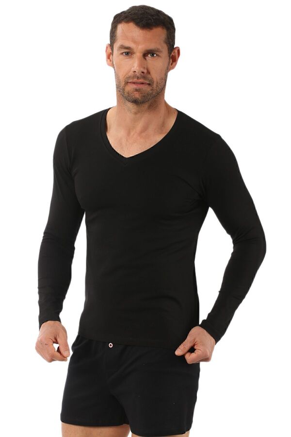 ÖZKAN underwear-تي شيرت رجالي من Özkan 0274 مصنوع من القطن الليكرا الممشط ورقبة على شكل حرف V وأكمام طويلة 1