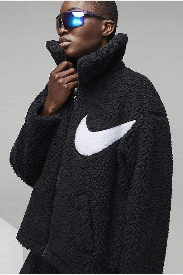 Nike Sherpa Swoosh Graphic Full Zip Black Plush Jacket Loose Fit Trendyol