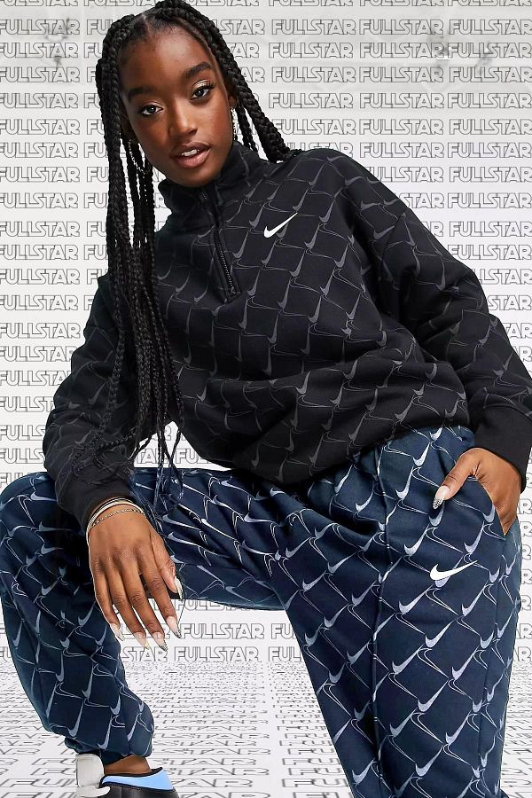 Nike Trend Swoosh Printed Fleece Hoodie 1 4 Zip Half Zip Sweatshirt Black Trendyol