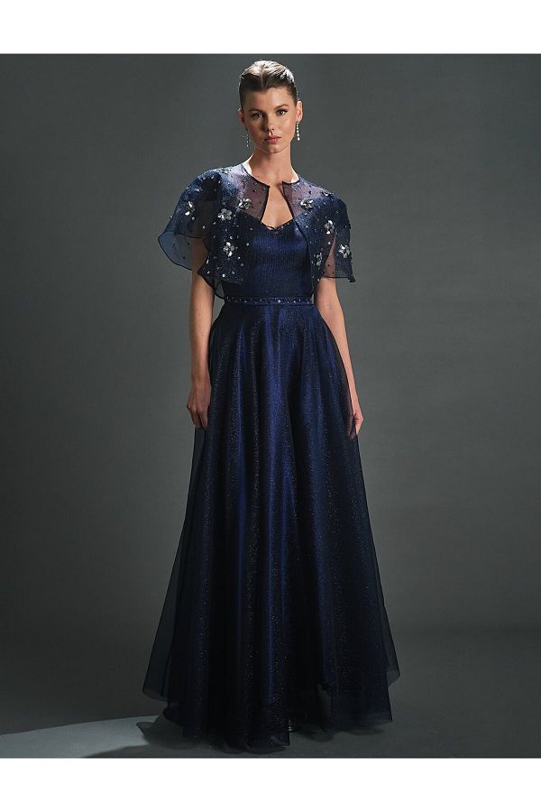 Kayra Navy Blue Glitter Organza Evening Dress with Bolero Trendyol