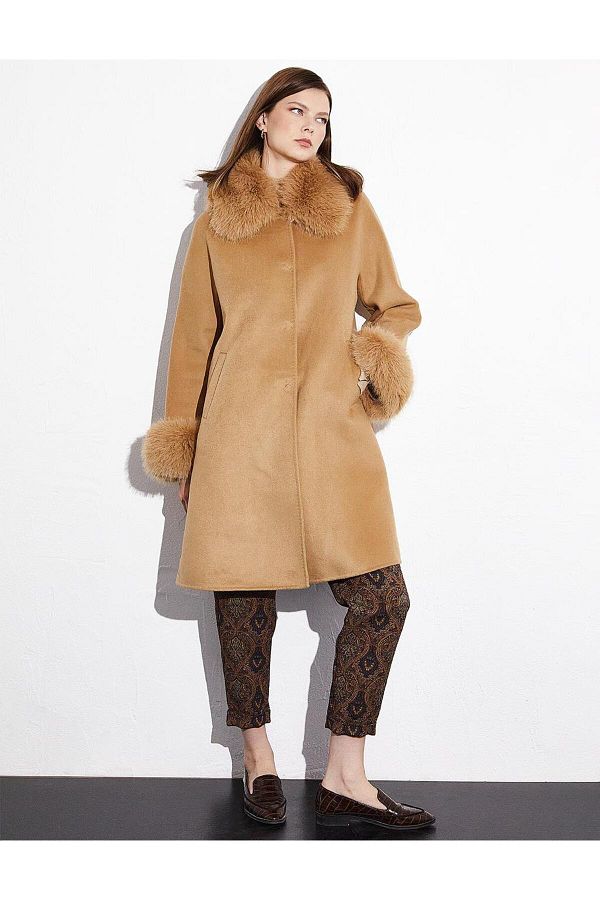 Kayra Premium Wool Faux Fur Coat Camel Trendyol