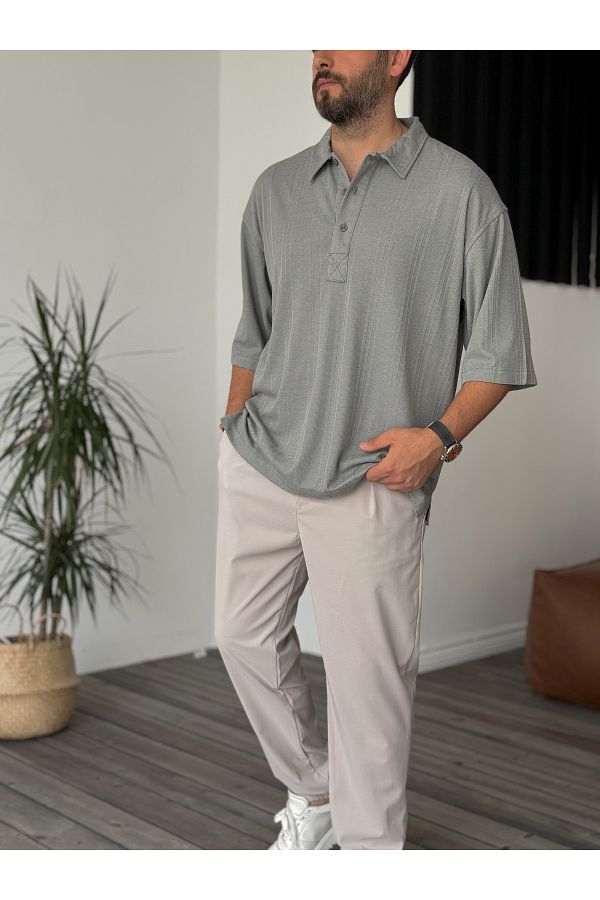 BYBASICMAN-C-1681 Model Smoked Patterned Buttoned T-Shirt 1