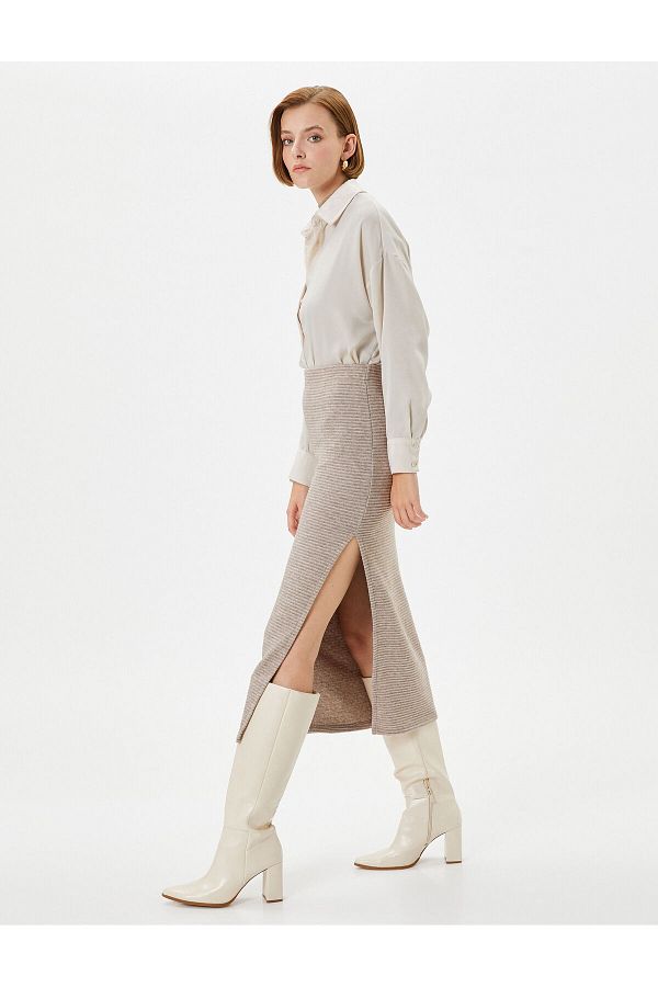 Koton-High Waist Midi Knitwear Skirt - Slit Detail 1