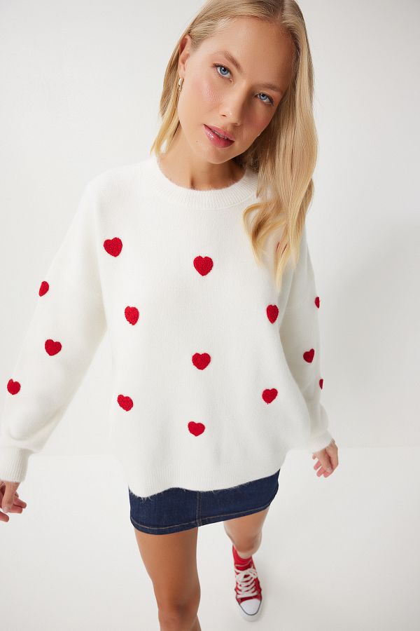 Happiness İstanbul-Ecru Oversize pletený svetr – dámský, textura srdce, Pf00088 1