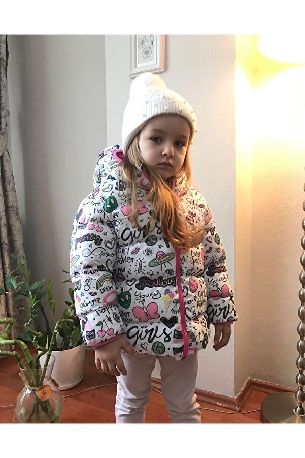 freemen Kız Çocuk Polarlı Kürklü Kapüşonlu Girls Yazılı Kelebek Desenli Kışlık Şişme Mont Kaban Parka