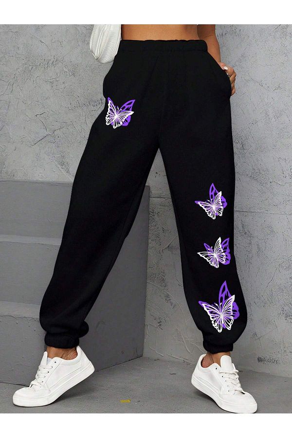 Mythologie High Waist Winter Jogger Sweatpants Black Butterfly Pattern Elastic Leg Trendyol