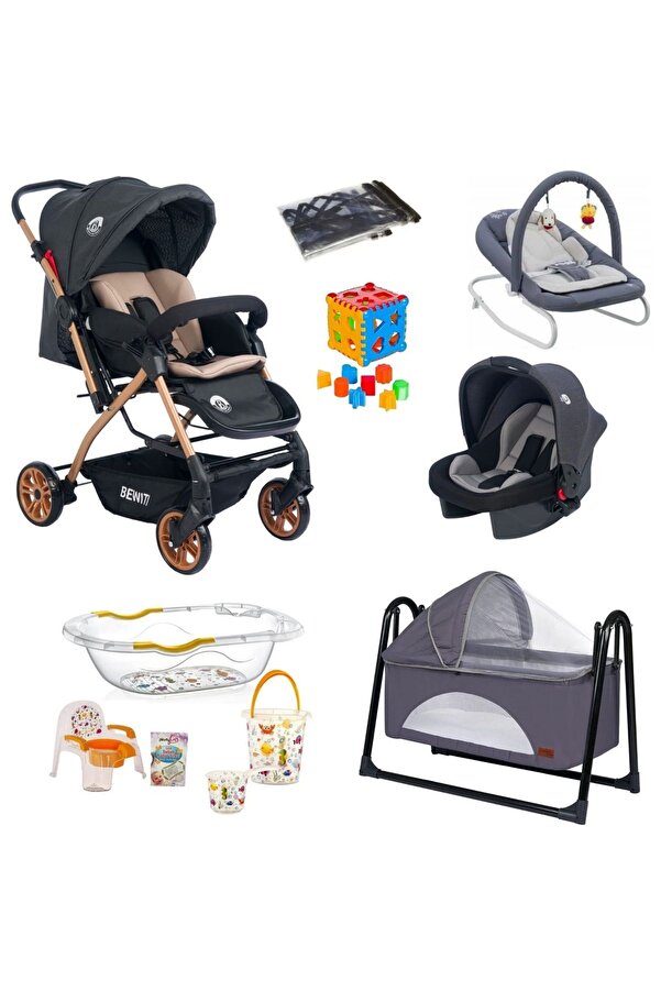 4KİDS Bebek Çeyiz Seti Bebek Arabası Puset Anakucağı Bebek Beşik 5 Parça Bebek Küvet Seti