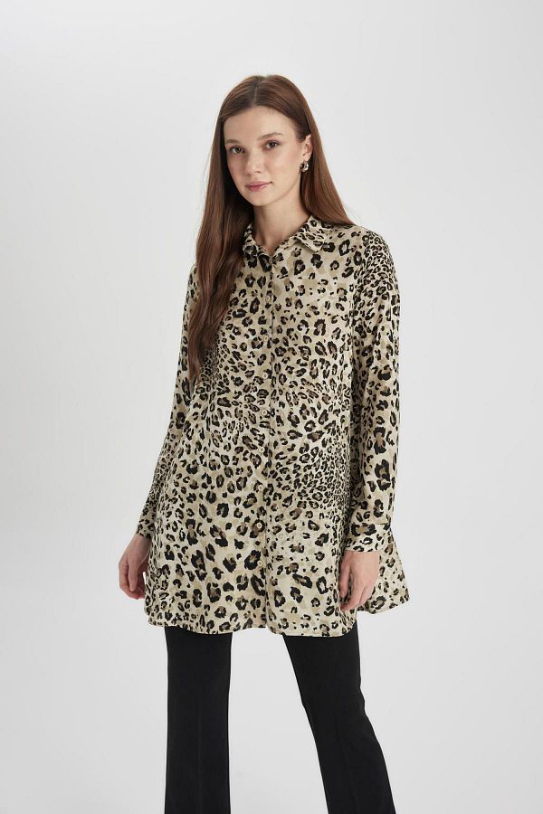 DeFacto-Leopard Patterned Regular Fit Long Sleeve Tunic Shirt Z5833Az24Sp 1
