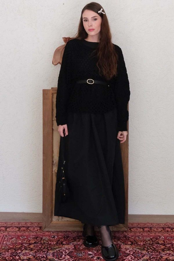 Ceylan Otantik-Black Knitwear Blouse - Balloon Sleeve and Waist Robe 1