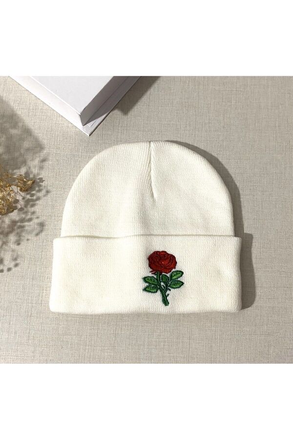 TOFY BUTİK-Rose Printed Beret White 1
