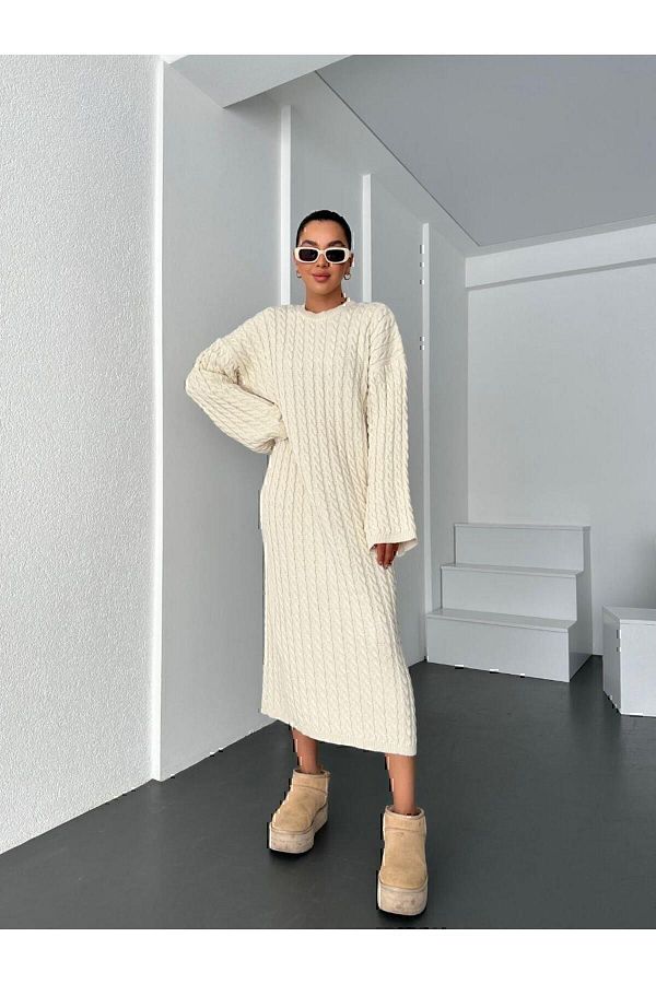 MODA DİNA-Довге трикотажне плаття з кремовим візерунком на шиї з екіпажем 1