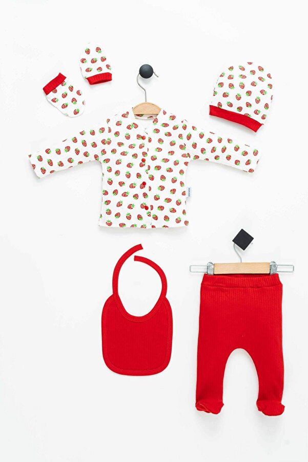 NEU KIDS Hastane Çıkışı 100% Pamuk Çilek Baskılı Yenidoğan 5li Set Bebek Kıyafeti