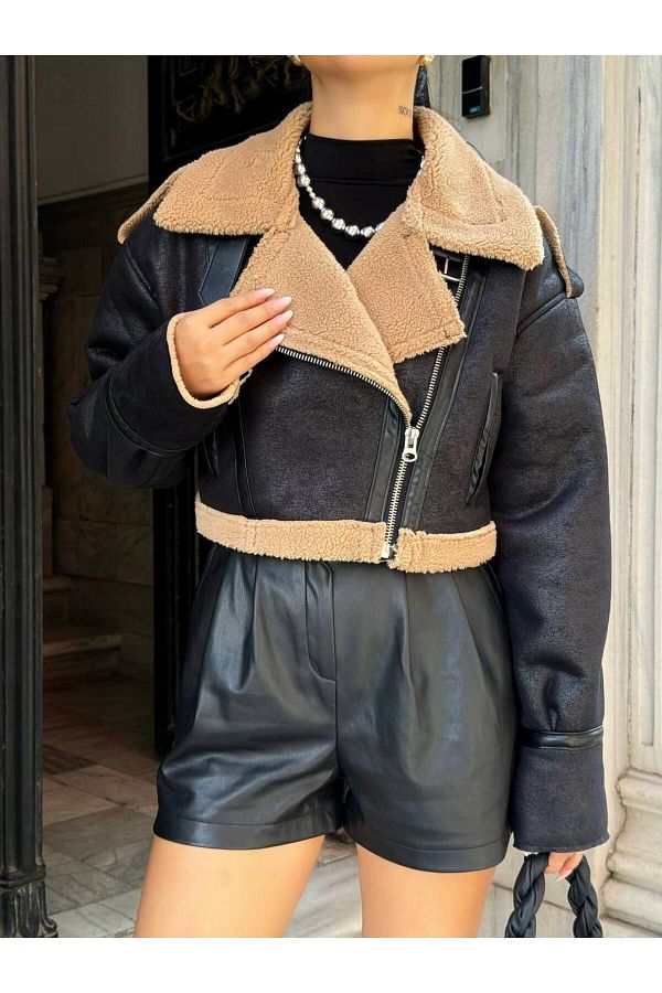 OlaLady Women s Crop Biker Jacket Faux Suede with Faux Fur Inside Trendyol