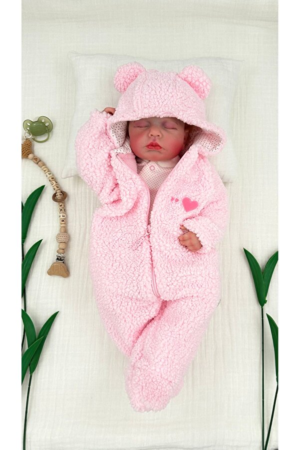PATSAN Kapüşonlu Fermuarlı Peluş Polar Kız Bebek Tulumu Kalpli Uyku Tulumu