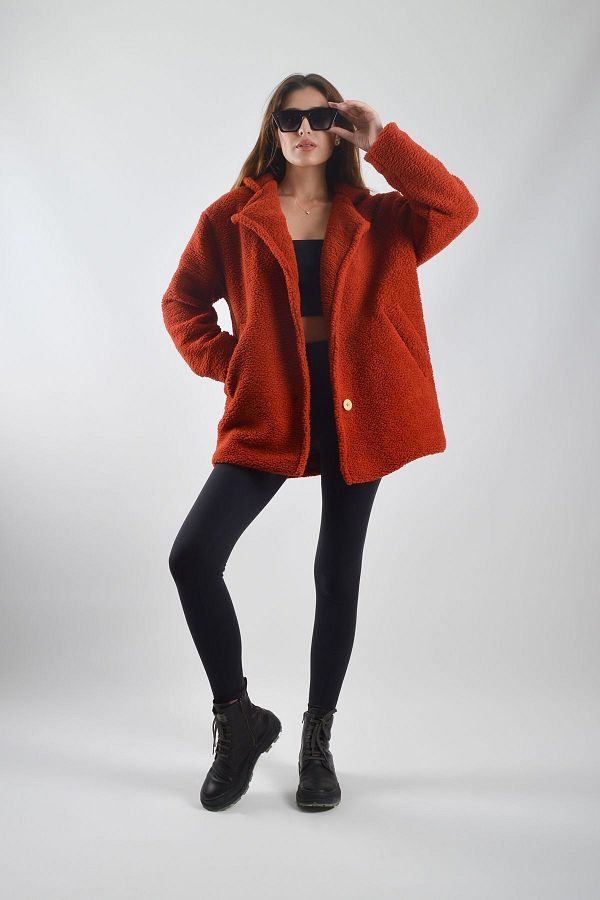 REİNA TEKS-Plush Teddy Jacket with Sheep Feather Effect - Lined Coat with Buttons and Pockets 1