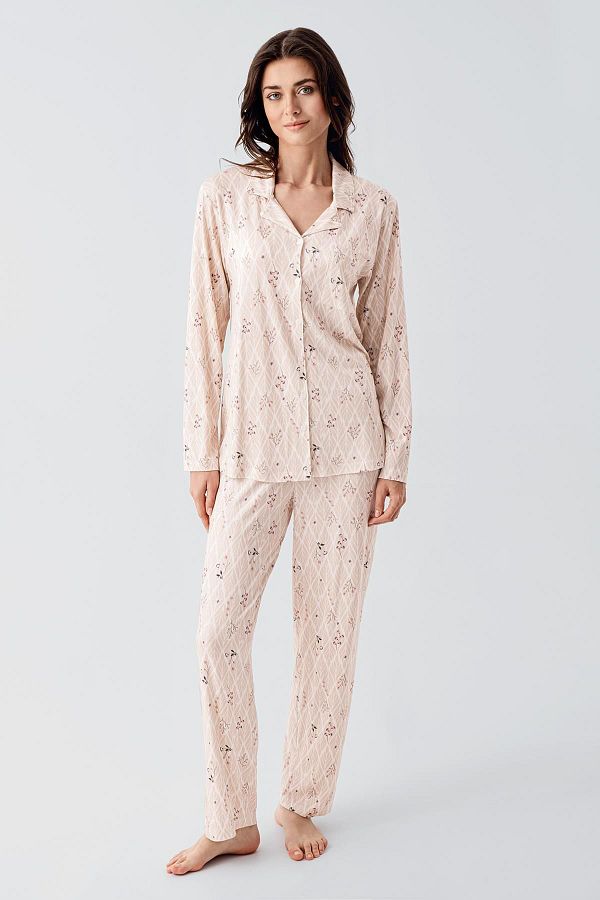 Artış-Flexible Viscose Pajama Set - Long Sleeve and Patterned Buttoned 1