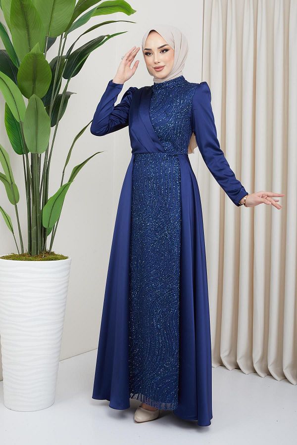 Olcay Satin Hijab Evening Dress with Sequin and Glitter Detail on the Front and Cape Skirt K.ND GO 1642 Trendyol
