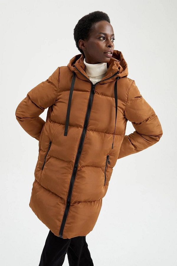 Defacto Brown Kotonya Synthetic Fill Hooded Long Puffer Jacket Trendyol